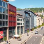 Lausanne Flon negyed modern építészete és pezsgő városi élet