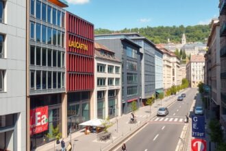 Lausanne Flon negyed modern építészete és pezsgő városi élet