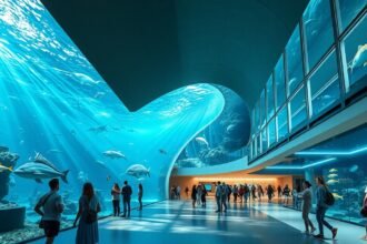 AQUATIS Akvárium belső területe vízi élőlényekkel Lausanne-ban.