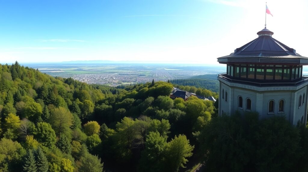 Kilátás a Sauvabelin-toronyból, Lausanne városára és a Genfi-tóra.