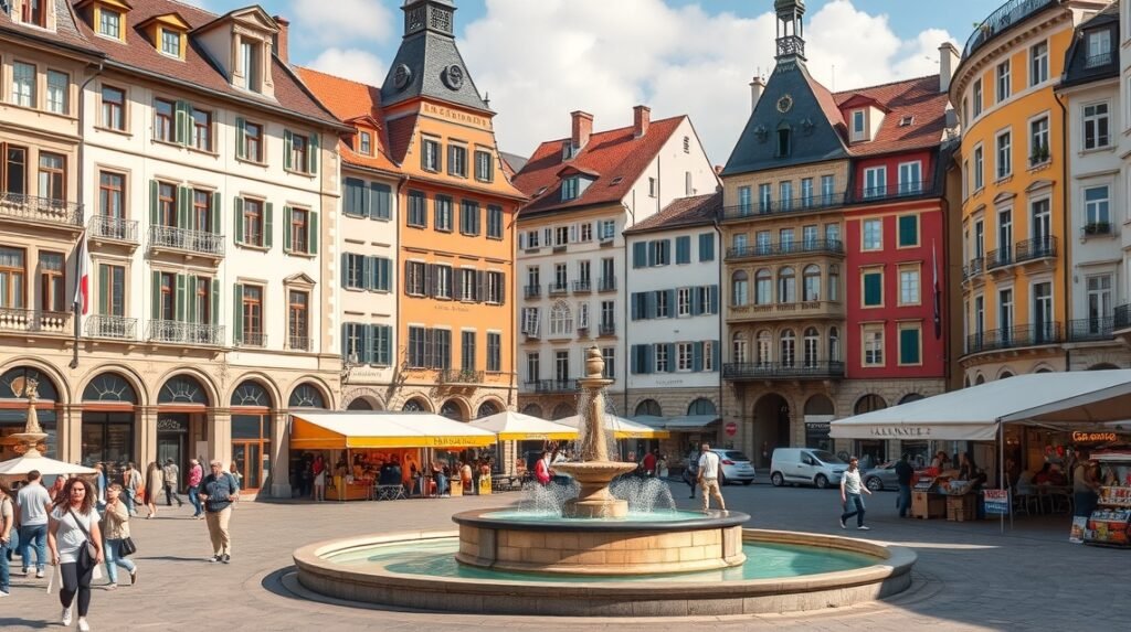 A Place de la Palud tér a napfényben, kávézókkal és piaccal