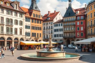 A Place de la Palud tér a napfényben, kávézókkal és piaccal