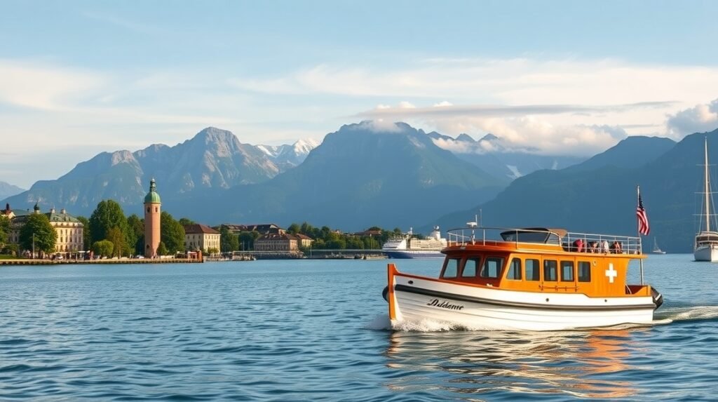 Hajó Lausanne mellett a Genfi-tavon, háttérben a hegyekkel