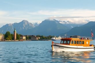 Hajó Lausanne mellett a Genfi-tavon, háttérben a hegyekkel