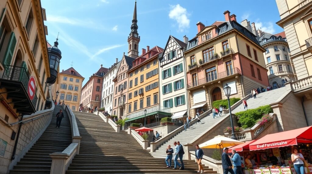 A fedett piaci lépcsők Lausanne városában, a gyönyörű házakkal és piaccal.