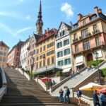 A fedett piaci lépcsők Lausanne városában, a gyönyörű házakkal és piaccal.