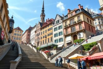 A fedett piaci lépcsők Lausanne városában, a gyönyörű házakkal és piaccal.
