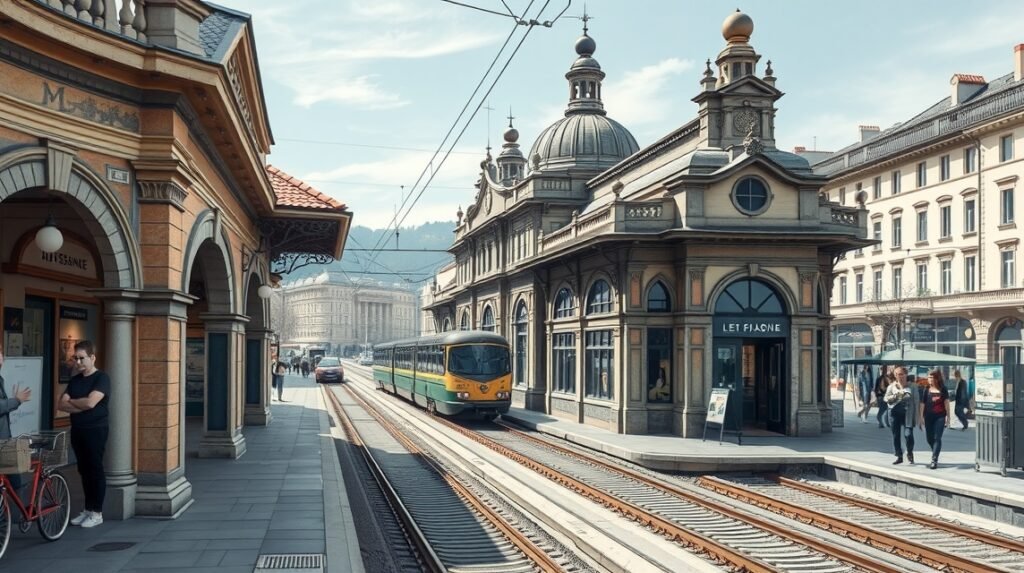Történelmi metróállomás Lausanne városában, gyönyörű építészeti részletekkel.