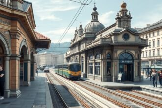 Történelmi metróállomás Lausanne városában, gyönyörű építészeti részletekkel.