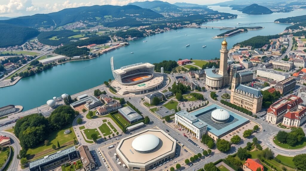 Légifotó Lausanne-ról, sportlétesítmények és a tó völgyében.