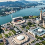 Légifotó Lausanne-ról, sportlétesítmények és a tó völgyében.