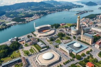 Légifotó Lausanne-ról, sportlétesítmények és a tó völgyében.