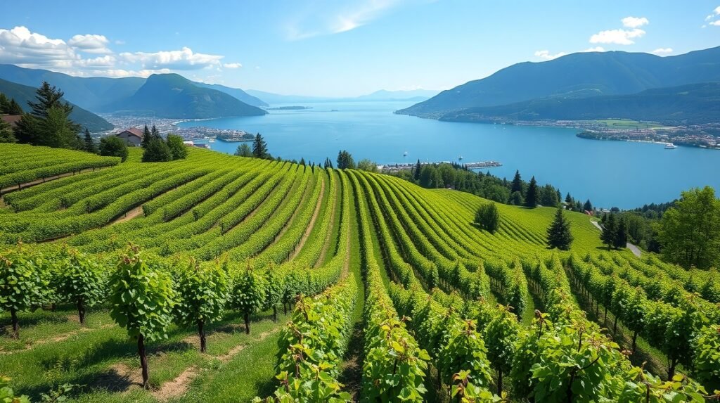 A gyönyörű Lavaux teraszos szőlőültetvények Lausanne mellett, Svájcban.