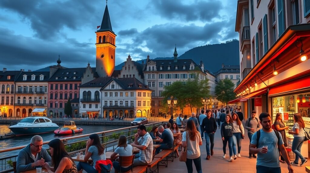 Lausanne éjszakai élet tömeg a tóparti sétányon