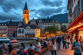 Lausanne éjszakai élet tömeg a tóparti sétányon