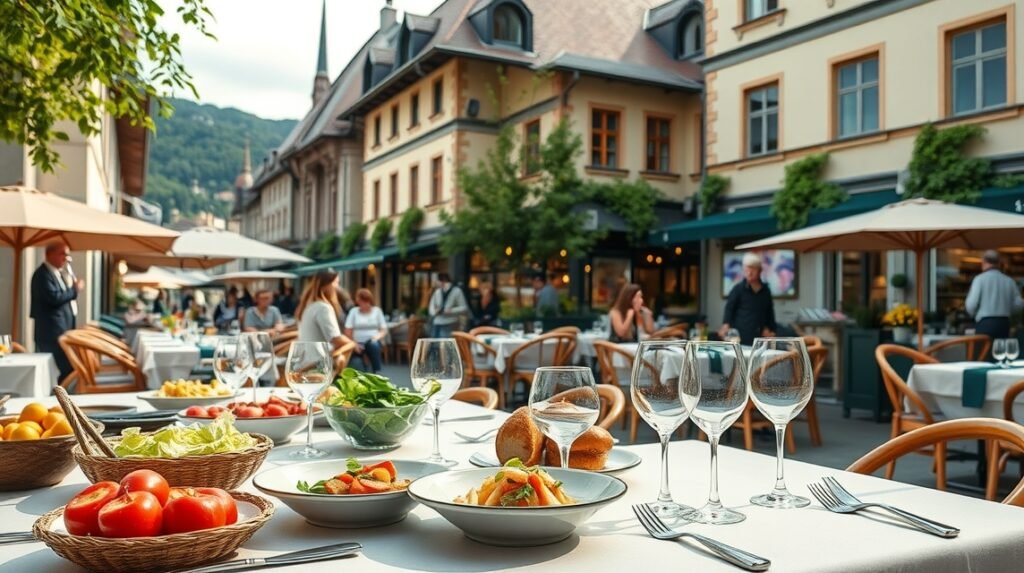 Gyönyörű étterem terasz Lausanne-ban, ínycsiklandó ételekkel és borokkal.