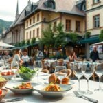 Gyönyörű étterem terasz Lausanne-ban, ínycsiklandó ételekkel és borokkal.