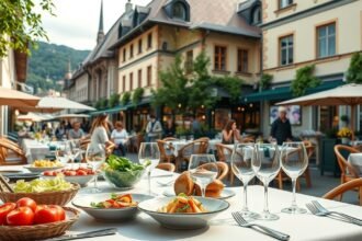 Gyönyörű étterem terasz Lausanne-ban, ínycsiklandó ételekkel és borokkal.