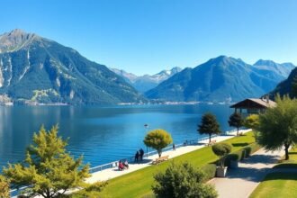 Szent Moritz tó partja lenyűgöző alpesi panorámával.
