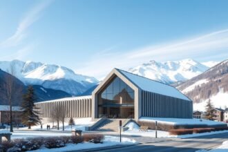 A modern Segantini Múzeum Sankt Moritzban, háttérben az Alpok