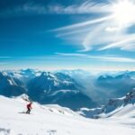 Síelő a Diavolezza gleccseren, lenyűgöző alpesi táj Sankt Moritz környékén.