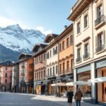 Via Serlas Sankt Moritz luxusüzletei hegyekkel a háttérben