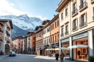 Via Serlas Sankt Moritz luxusüzletei hegyekkel a háttérben