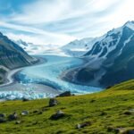 Morteratsch-gleccser látképe Sankt Moritz közelében, zöld dombokkal és havas hegyekkel