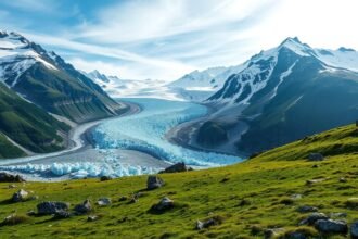 Morteratsch-gleccser látképe Sankt Moritz közelében, zöld dombokkal és havas hegyekkel