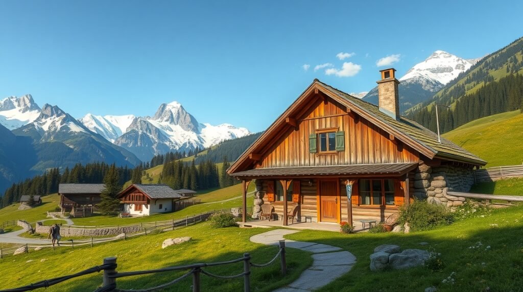 Heidi kunyhó Sankt Moritzban a gyönyörű alpesi háttérrel