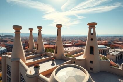 Casa Milà (La Pedrera) tetőterasza Barcelonában, Gaudí építészeti csodája.