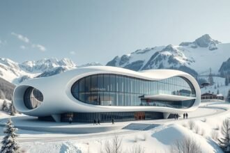 Chesa Futura, futurisztikus épület Sankt Moritz hegyvidéki környezetben.
