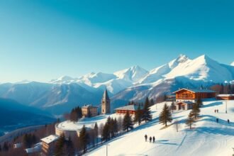 Sankt Moritz téli táj, hegyek, fák és épületek