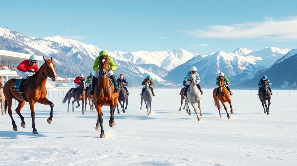 Horses racing on a frozen lake during the White Turf event in Sankt Moritz.