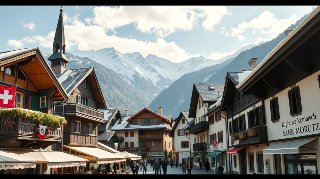 Sankt Moritz város látképe és hegyi háttér Svájcban.