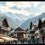 Sankt Moritz város látképe és hegyi háttér Svájcban.