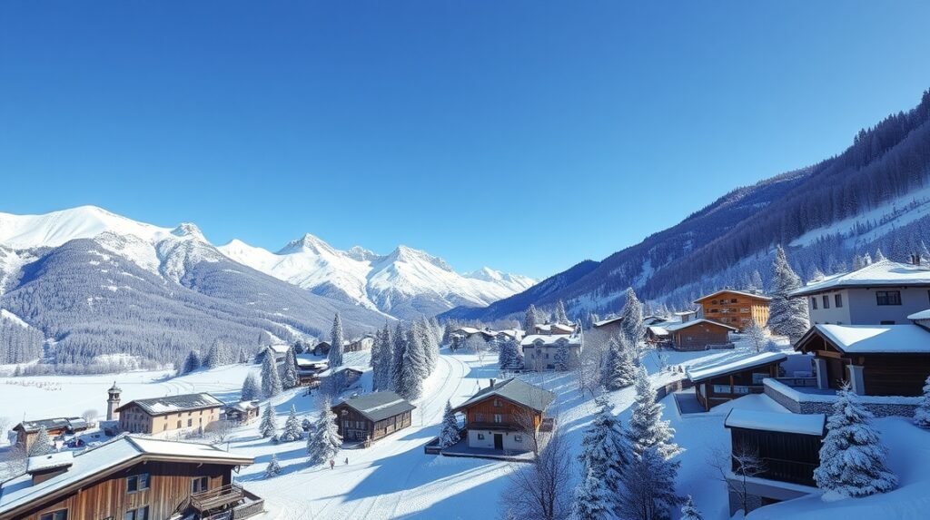 Sankt Moritz téli táj havas hegyekkel és üdülőházakkal.