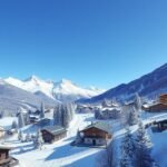 Sankt Moritz téli táj havas hegyekkel és üdülőházakkal.