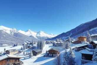 Sankt Moritz téli táj havas hegyekkel és üdülőházakkal.