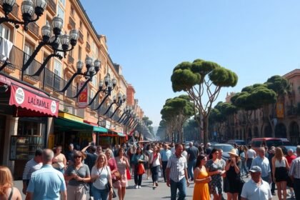 Nyüzsgő La Rambla sétány Barcelona szívében, turisták között.