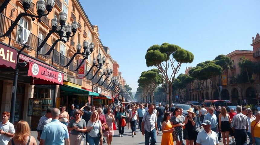 Nyüzsgő La Rambla sétány Barcelona szívében, turisták között.