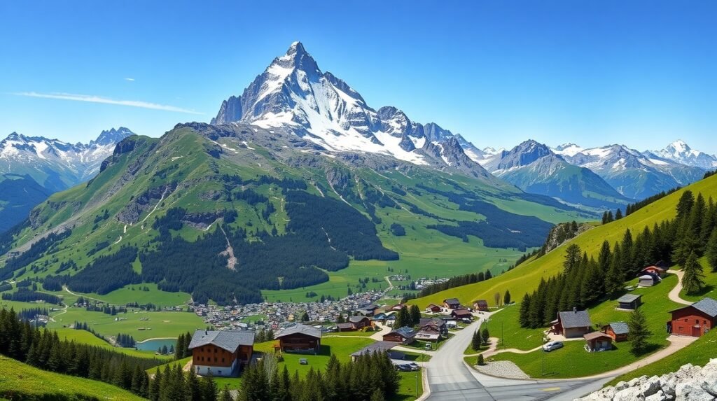 Az Eiger északi fala Grindelwald közelében, alpesi táj, zöld dombok és hegyek.