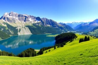 Bachalpsee tó és gleccsercsúcsok Grindelwald közelében, Svájc.