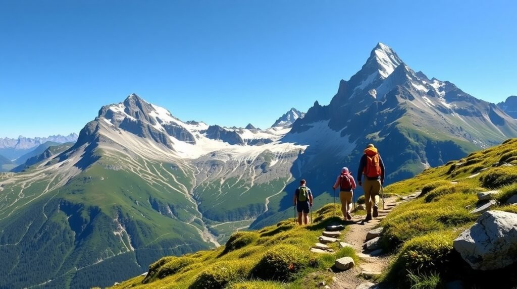 Hikers on the Eiger Trail in Grindelwald with stunning mountain views