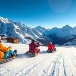 Szánkózás az alpesi tájon Grindelwald közelében, lenyűgöző hegykép háttérrel.