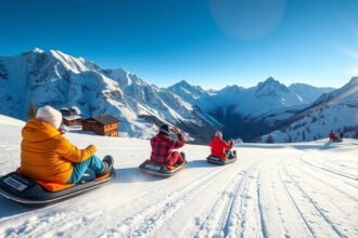 Szánkózás az alpesi tájon Grindelwald közelében, lenyűgöző hegykép háttérrel.