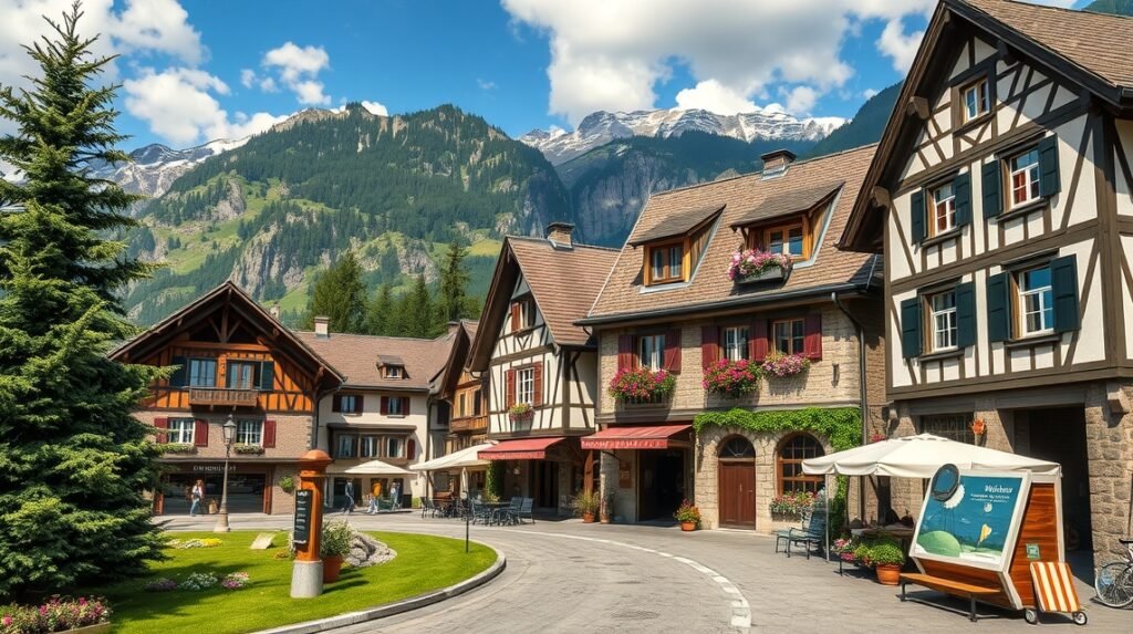 Grindelwald falumúzeum környezete, gyönyörű hegyi házakkal és alpesi tájjal.