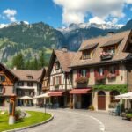 Grindelwald falumúzeum környezete, gyönyörű hegyi házakkal és alpesi tájjal.