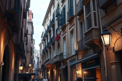 Barcelona Gótikus negyedének sikátora, hangulatos épületek és lámpák