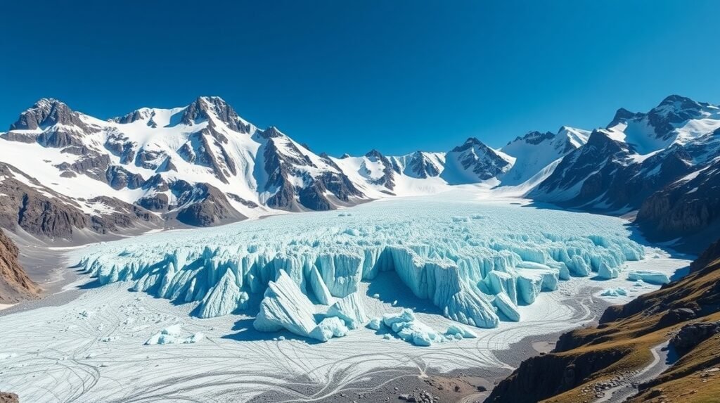 Grindelwald Felső-gleccser drámai jégformákkal és hegyekkel